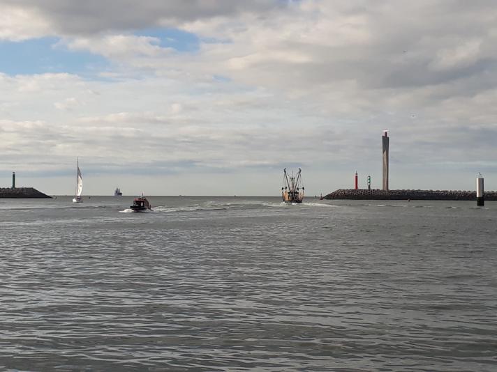 Ships entering and leaving the port of Ostend in Belgium.