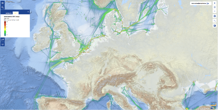 High vessel density is seen around the North Sea, particularly near the coasts of Belgium, the Netherlands, and the United Kingdom. 